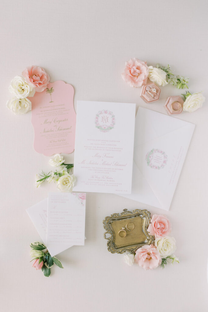 Pink and Green Spring Black Tie Old Florida Wedding Invitation Suite Ideas