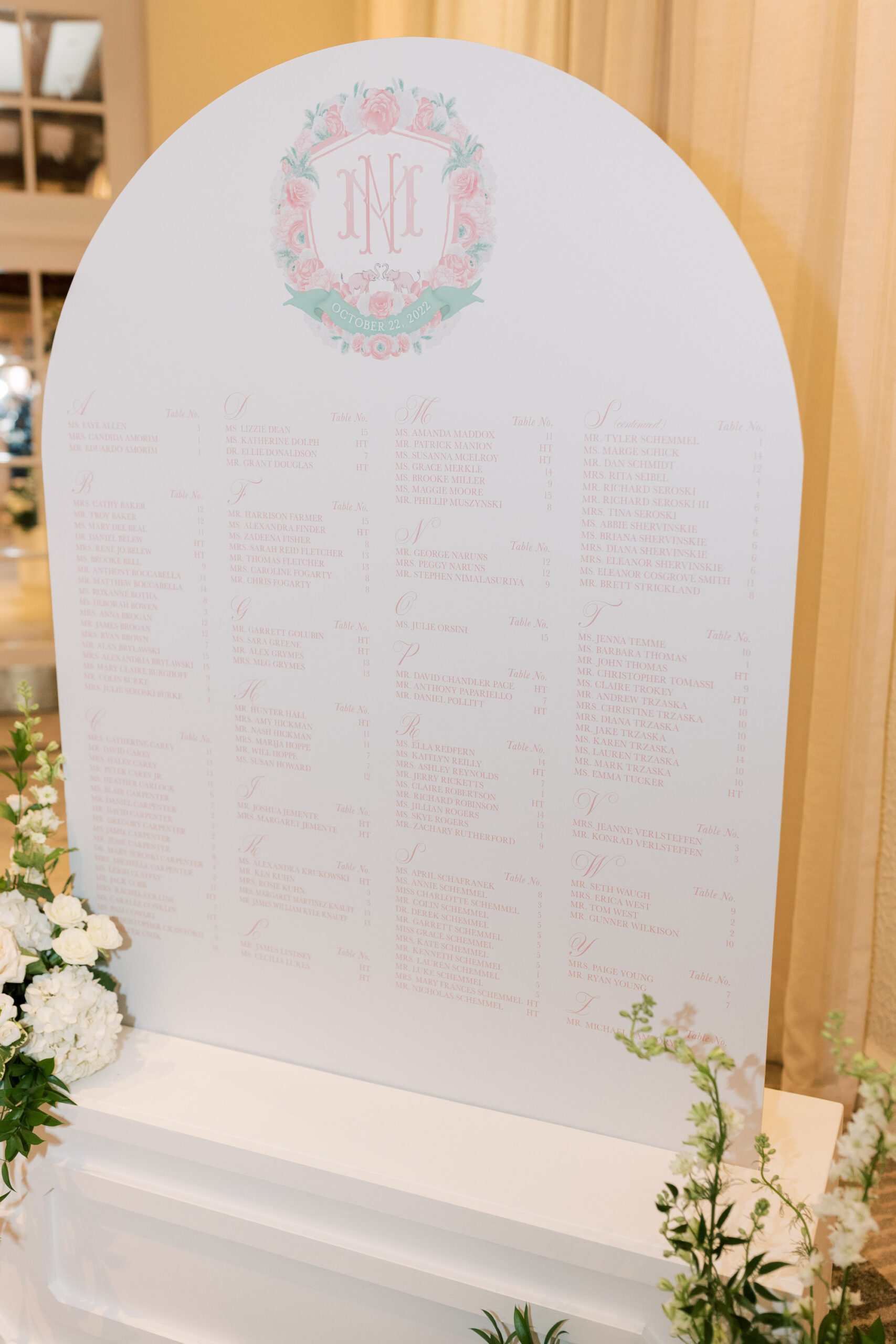 White and Pink Seating Chart for Old Florida Black Tie Wedding Reception Ideas