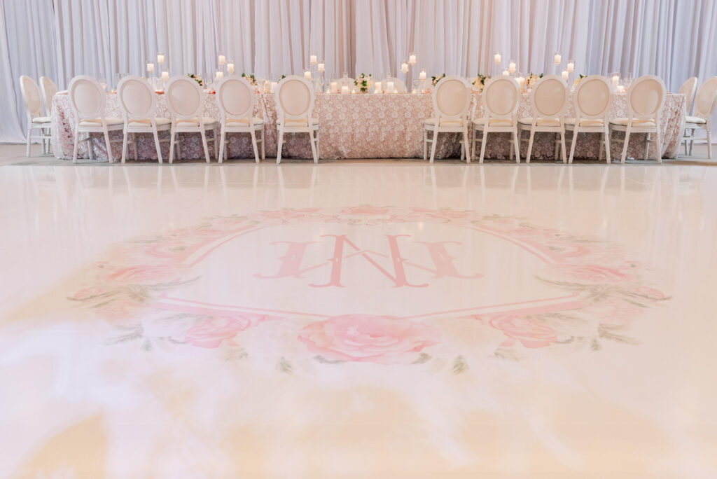 Custom Pink and White Dance Floor Emblem | Old South Wedding Reception Decor Inspiration