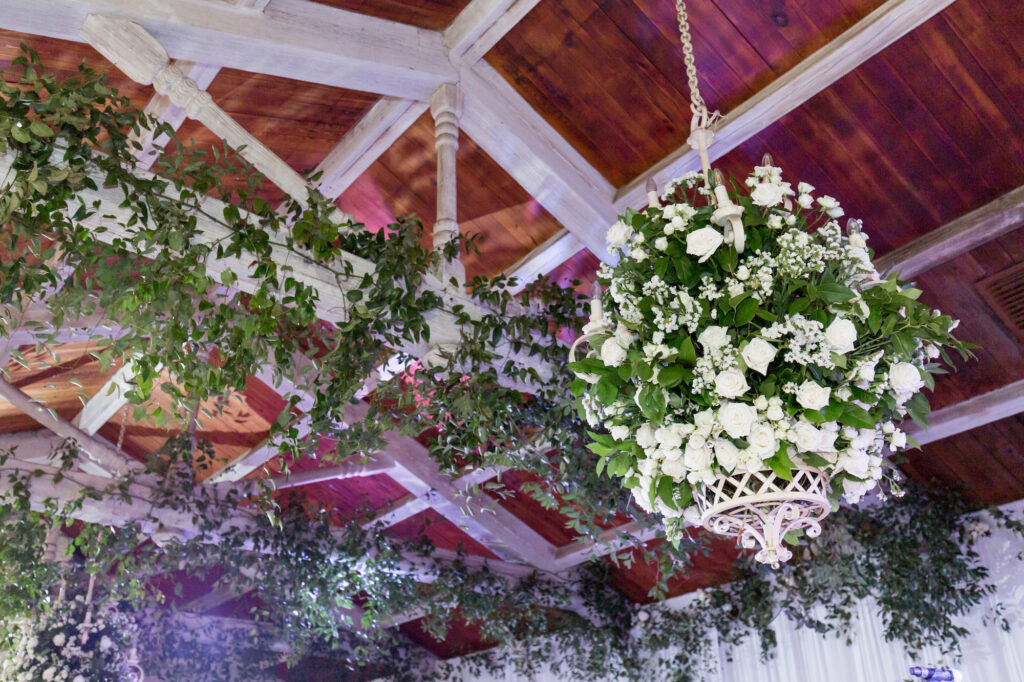 White Roses and Greenery Floral Chandelier For Timeless Wedding Reception | Tampa Bay Planner Parties A La Carte