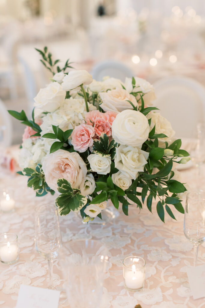 Pink and White Roses, and Greenery Old Florida Black Tie Wedding Reception Table Centerpiece Ideas | Tampa Bay Planner Parties A' La Carte