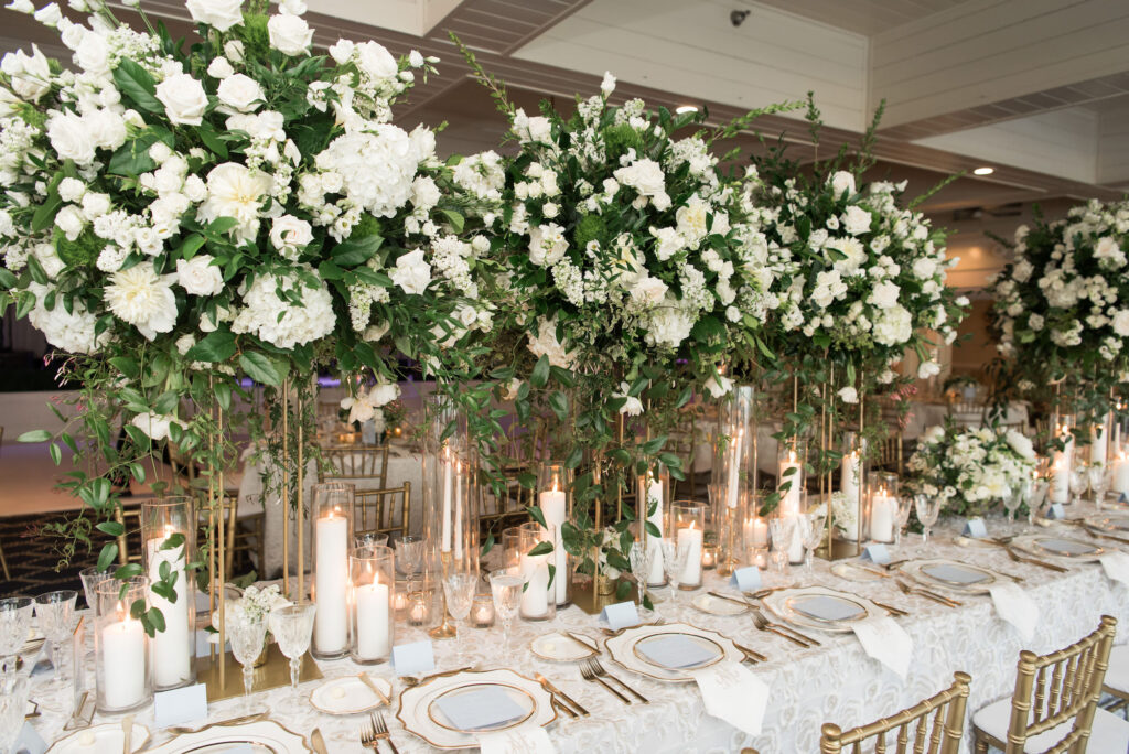 Timeless Wedding Reception Centerpiece Ideas | White Roses, Hydrangeas, and Greenery | Tampa Bay Planner Parties A La Carte