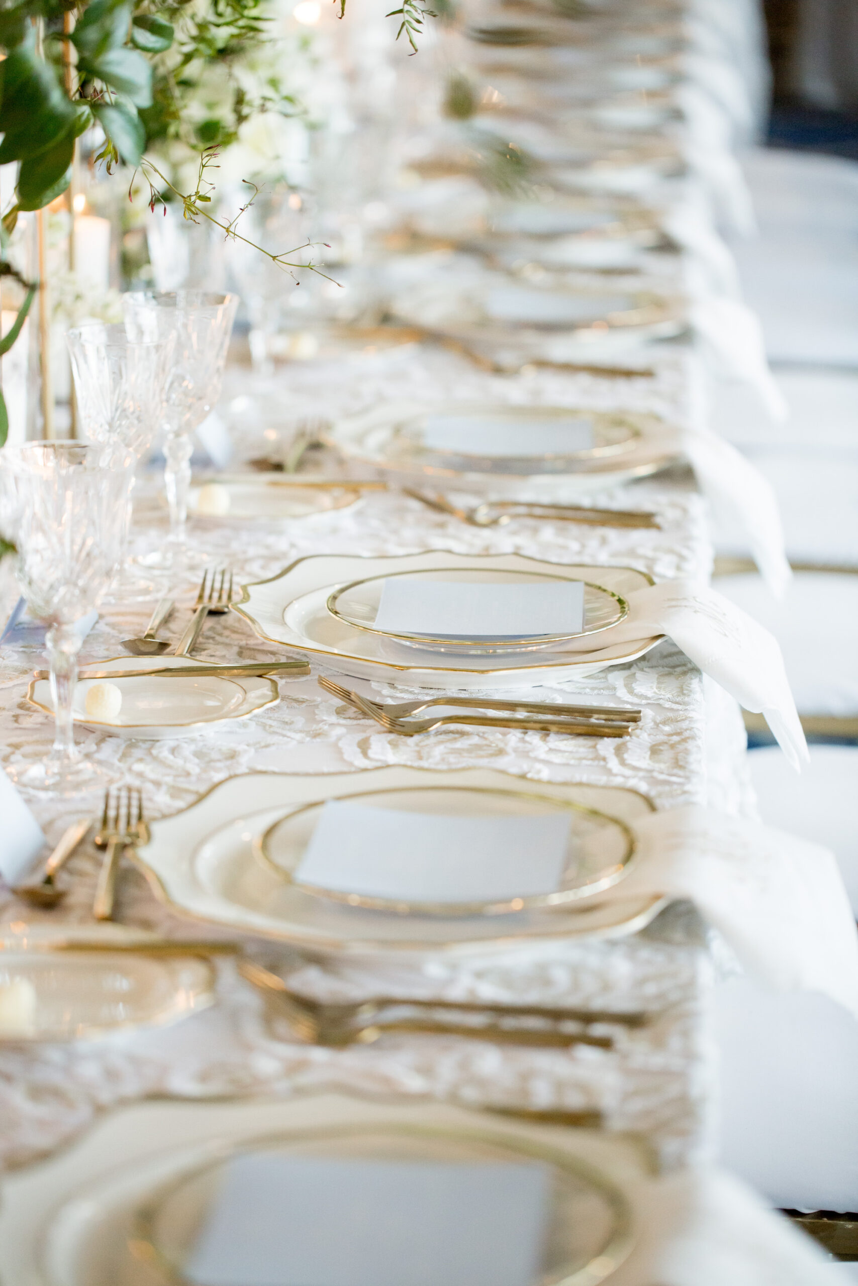 Timeless White and Gold Wedding Reception Long Feasting Table Place Setting Inspiration | Tampa Bay Planner Parties A La Carte