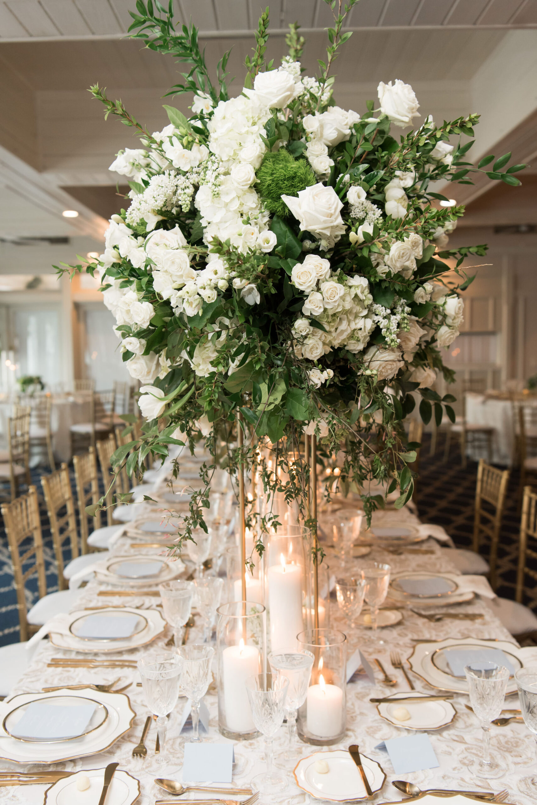 Timeless Wedding Reception Centerpiece Ideas | White Roses, Hydrangeas, and Greenery | Tampa Bay Planner Parties A La Carte