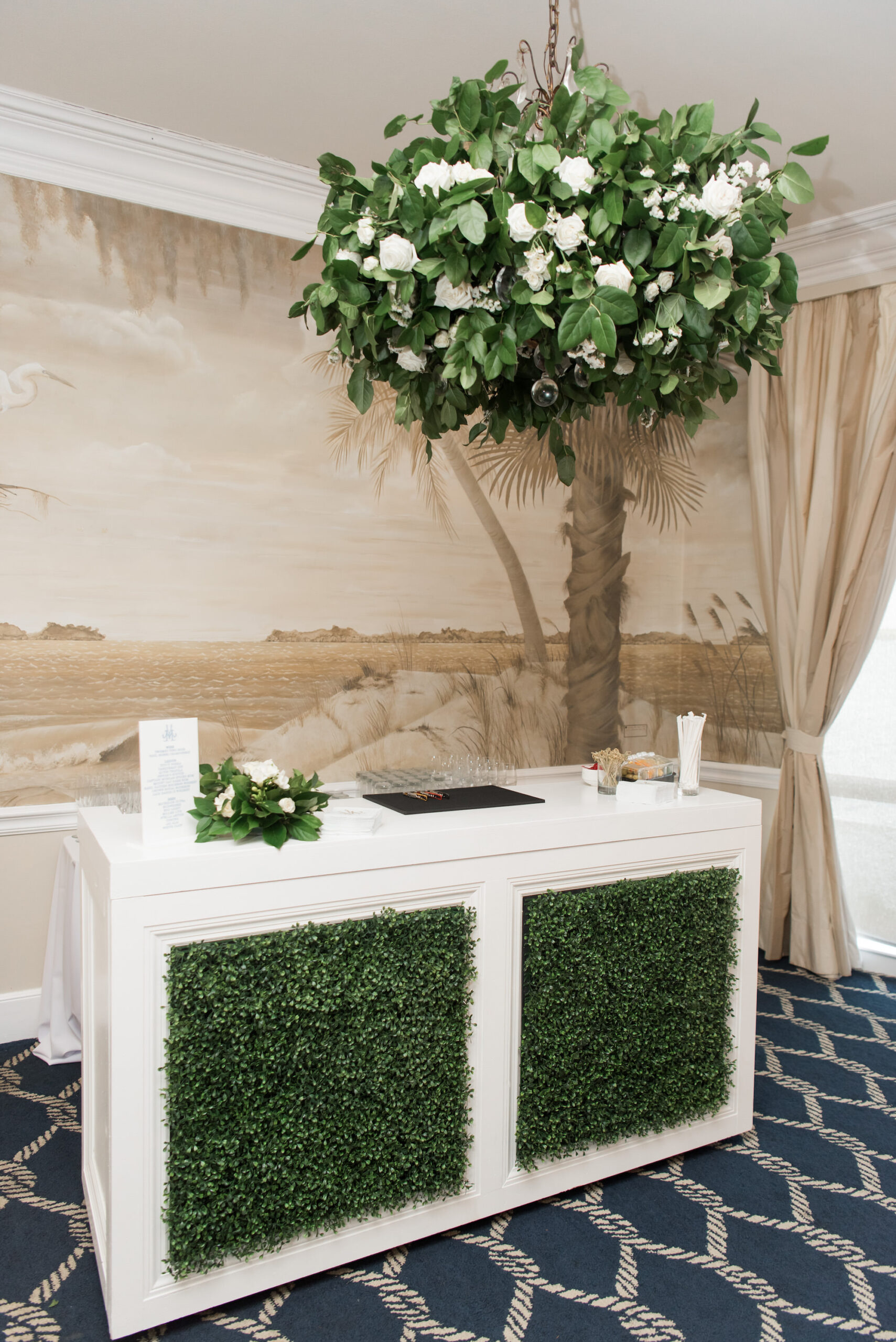 White Roses and Greenery Floral Chandelier | Timeless Wedding Reception Bar Decor Ideas