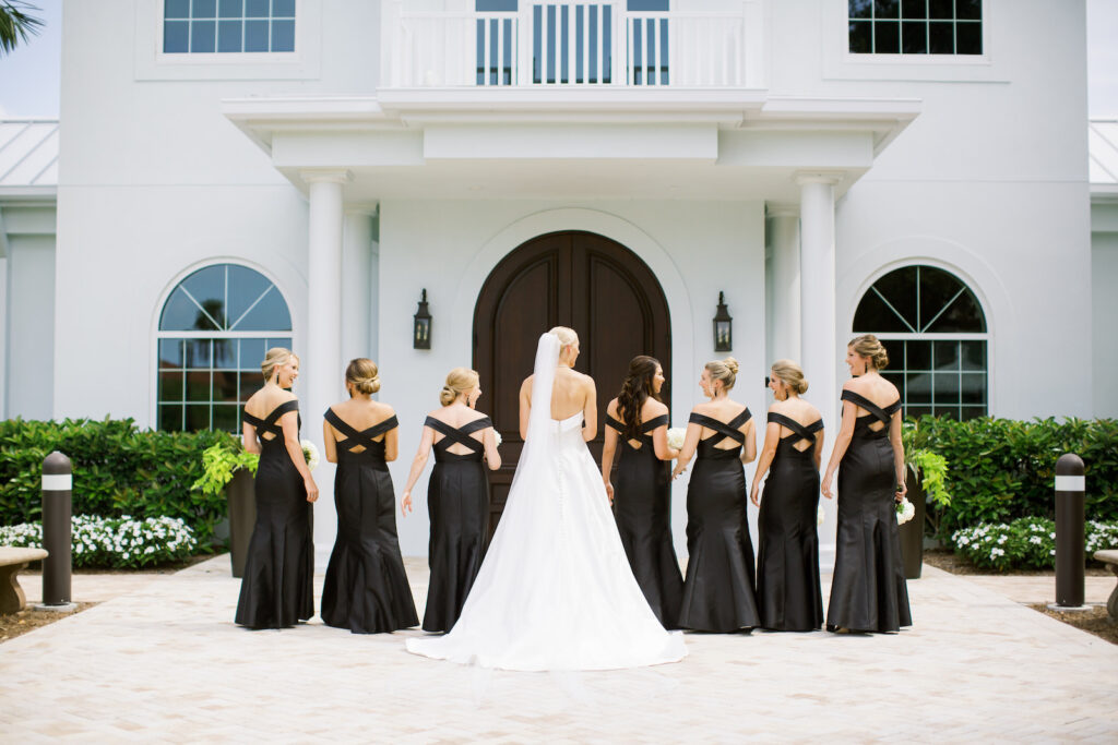 Cross Back Off the Shoulder Black Bridesmaids Dresses | Classic Black and White Wedding Ideas | Tampa Bay Planner Parties A La Carte
