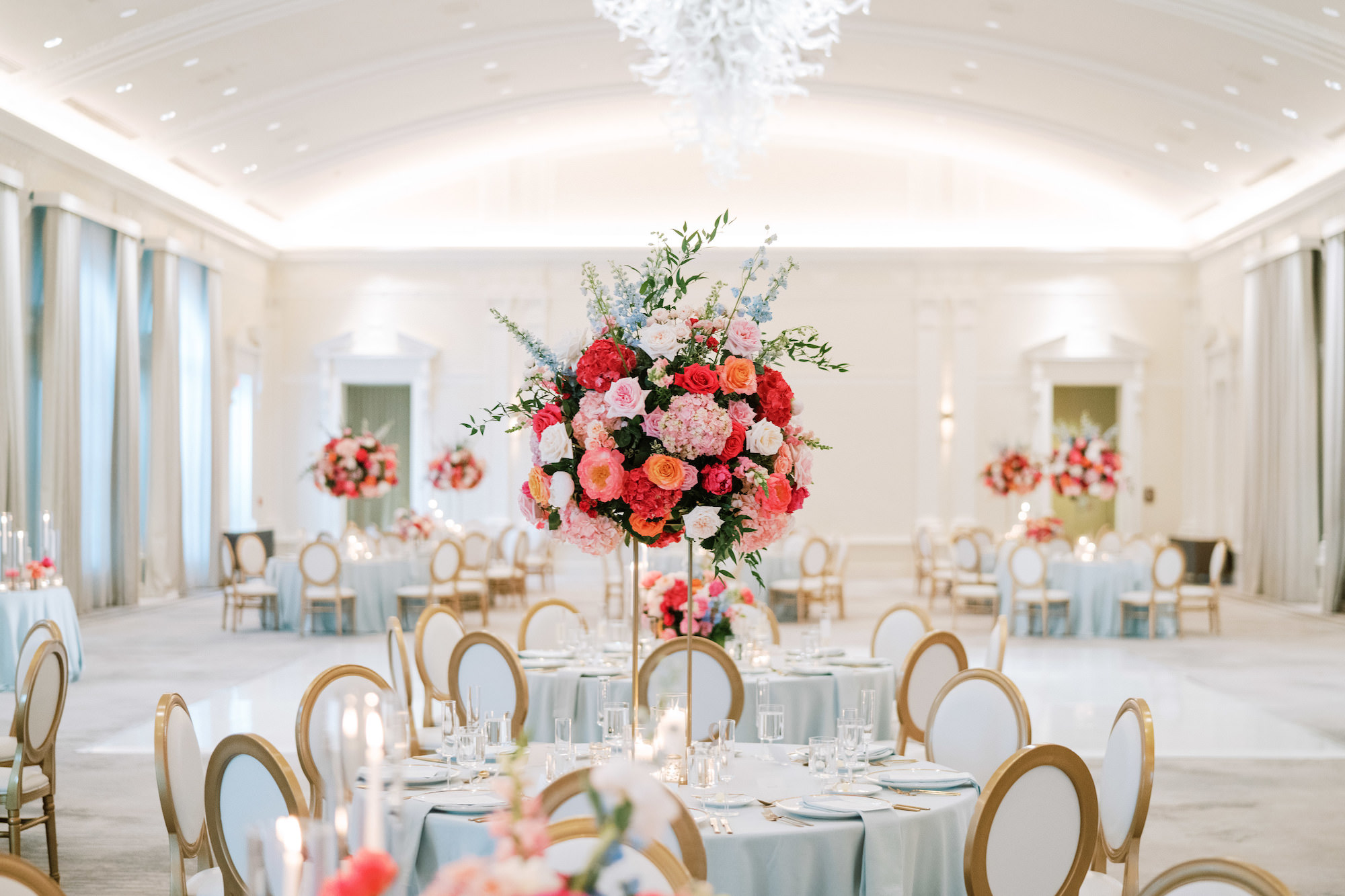 Luxurious Colorful Pink and Blue Ballroom Wedding Reception Tablescape Decor Inspiration